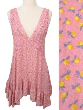 Free‎ People Pink Lemon Print Let It Happen Sleeveless Boho Mini Slip Dress- XS